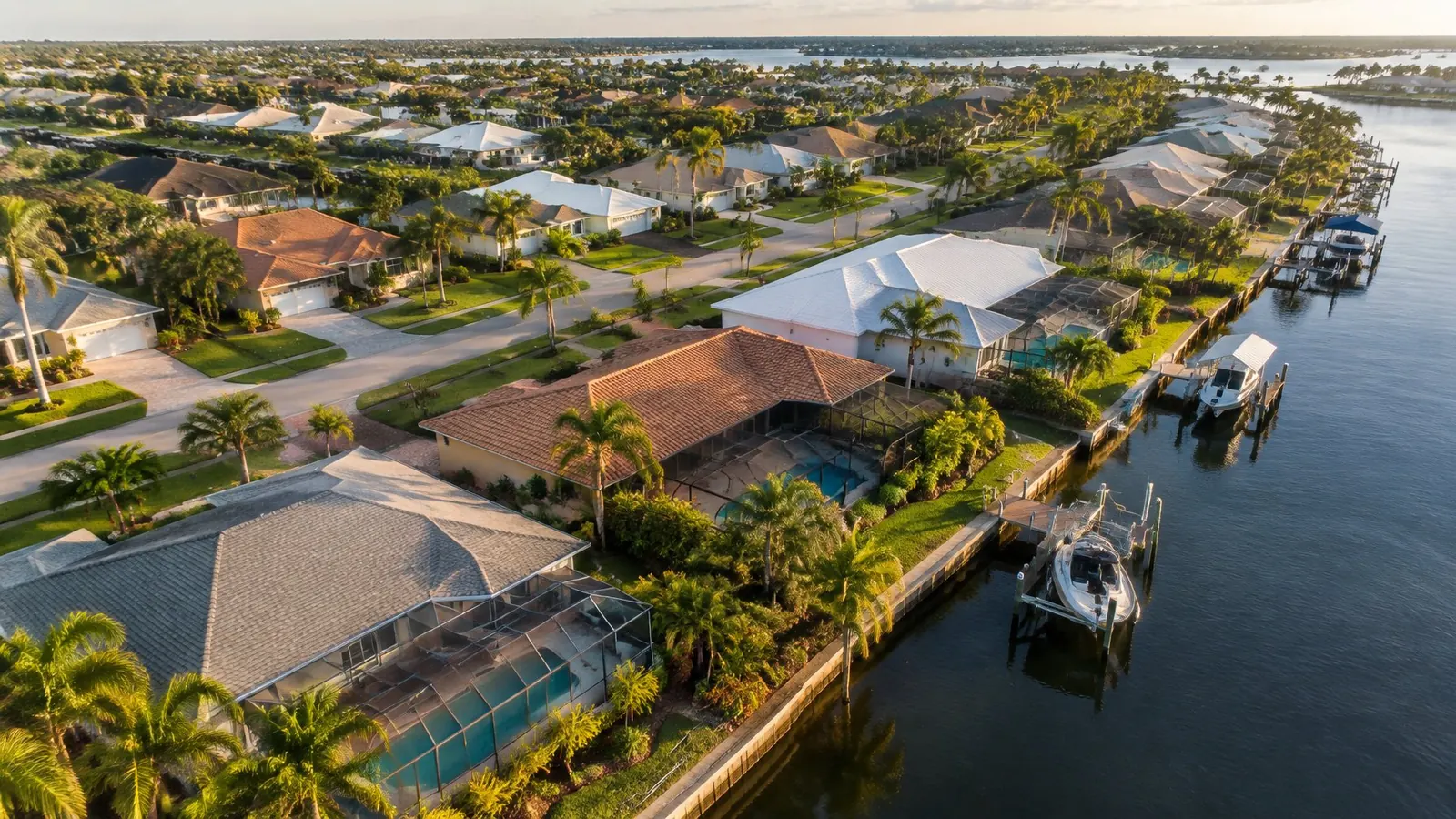 Aerial view of a Pinellas County neighborhood with shingle, tile and metal roofs, pools and a canal